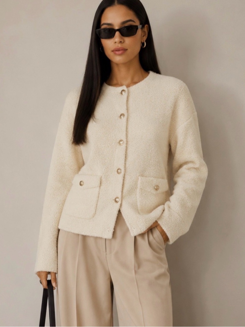 J. Crew 2025 Cream Gold Button Cinched Waist Sweater Jacket Knit Cardigan Sz L